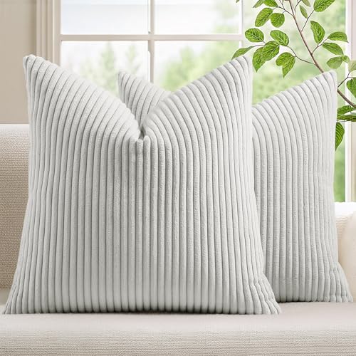 Mecatny Corduroy Decorative Throw Pillow Covers 20x20 Set of 2 for Sofa Living Room, Soft Neutral Boho Couch Pillow Covers for Home Decor, Grey
