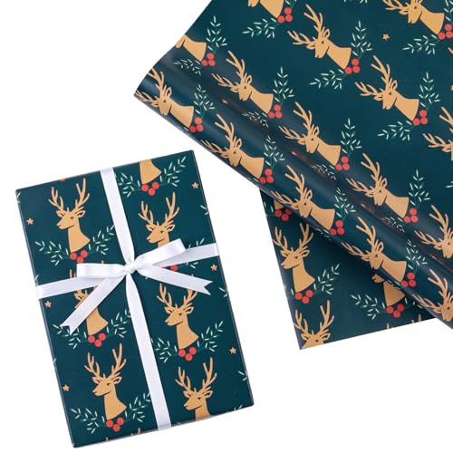 WRAPAHOLIC Christmas Wrapping Paper Roll - 17 Inch x 16.4 Feet per Roll - Dark Green Mini Roll, Reindeer Design Perfect for Christmas Holiday Gift Packing