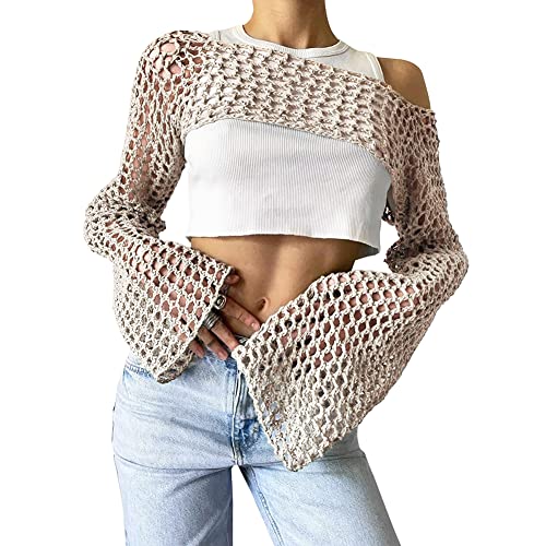 KEOMUD Crochet Crop Tops for Women Y2K Going Out Top Hollow Out Knit Bikini Beach See Through Cover Ups 2025 Fashion