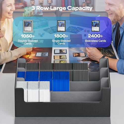 Image of UAONO Trading Card Storage Box, Holds 1800 Sleeved Cards with 10 Dividers & 3 Stoppers, Magnetic Closure PU Leather Card Case for MTG, PTCG, YGO, Sports Cards (Black)
