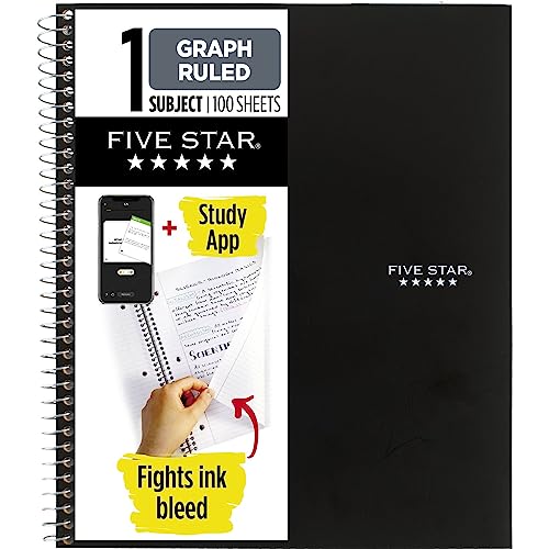 Five Star Spiral Notebook + Study App, 1 Subject, Graph Ruled Paper, Fights Ink Bleed, Water Resistant Cover, 8-1/2" x 11", 100 Sheets, Black (73679) 1 Five-Star-Spiral-Notebook-Study-App-1-Subject-Graph-Ruled-Paper-Fights-Ink-Bleed-Water-Resistant-Cover-8-12-x-11-100-Sheets-Black-73679