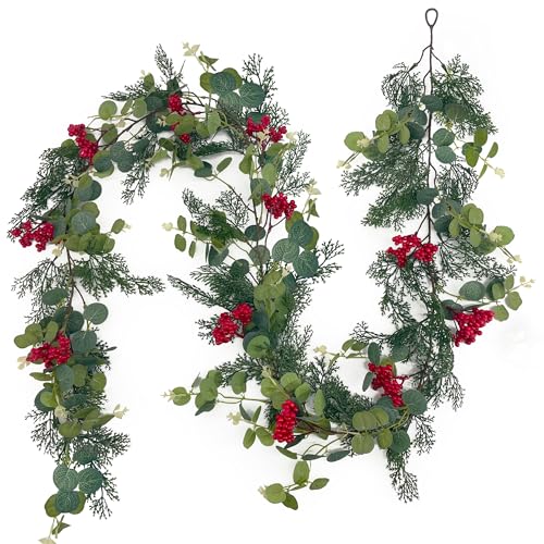 SHEPIN Guirnalda de Navidad de 1,8 m, guirnalda de pino artificial como real, pino verde eucalipto, bayas rojas, verde abeto, guirnalda de Navidad, decoración para exteriores