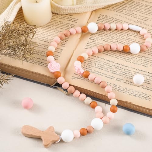 Misdary Baby Rosary Baptism Gift Silicone God Bless Kids Rosary with Cross Baptism Party Supply for Baby Shower Christian Catholic Communion Gifts(Pink Flowers)
