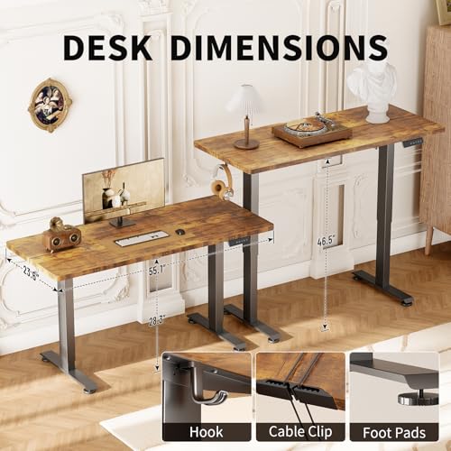 Image of Veken 55 Inch Large Electric Standing Desk, Heights Adjustable, Sit to Stand Up, Work Home Office Computer Table for Study, Walking Pad, Writing, and Games, Wooden Desktop Desks, Brown