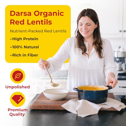 Image of Darsa Organics Red Lentils Masoor Dal - 4 lb USDA Certified Organic, Non-GMO, Gluten-Free, Whole & Split Pink Lentils, Chemical-Free, Rich in Protein and Fiber, Easy to Cook