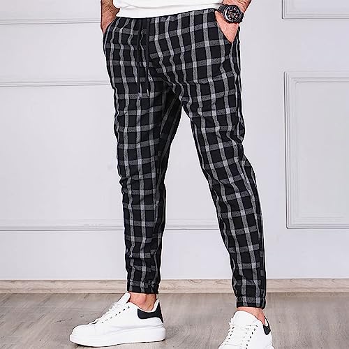 Mens Small Plaid Stripes Pants Elastic Waist Wide Leg Straight Casual Pajama Sweatpants Classic Comfort Trousers2