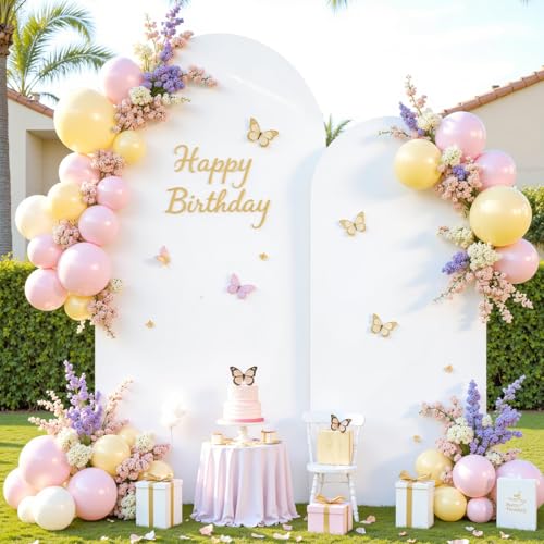 Image of White Photo Arch Backdrop Cover Set of 2 Spandex 7.2 and 6ft White Arch Covers Stretchy Backdrop Wedding Balloon Arch Stand Covers for Birthday Party Baby Shower Bridal Shower Arches Background