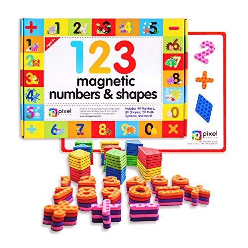 Pixel Premium 123 Magnets - Math Skills Set for Kids Gift Set - 40 Magnetic Numbers, 80 Shapes and 20 Math Problems for Fridge, Dry Erase Magnetic Board and Free e-Book with 40+ Learning & Math Games
