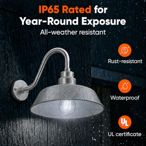 Image of 14in. Galvanized Finish Outdoor Gooseneck Barn Light Fixture with 14.5 in. Long Extension Arm - Wall Sconce Farmhouse, Vintage, Antique Style - UL Listed - 9W 900lm A19 LED Bulb (5000K Cool White)