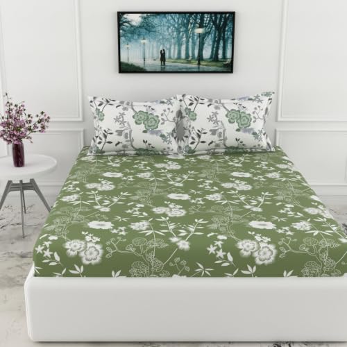 Image of LORETO - A QUALITY LINEN BRAND 144 TC 100% Pure Cotton King Size Fitted Bedsheet with 2 Pillow Covers for 72 x 72 Inch Mattress, All-Around Elastic, 8 Inch Deep Pocket, Olive Green Floral Elegance