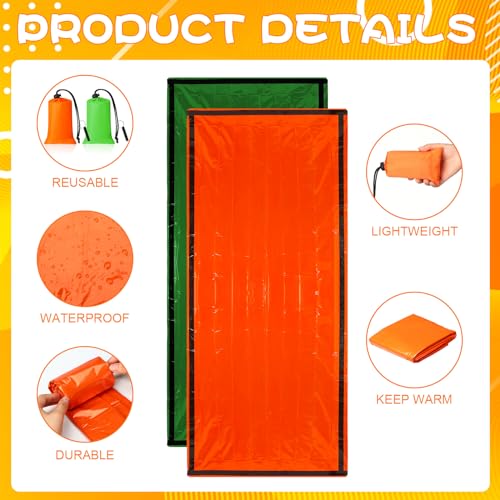 Qunclay 12 Set Emergency Sleeping Bag Survival Bivvy Sack Blanket with Whistles Lightweight Portable Thermal Survival Bag Thick Tent with Hood Extension Nylon Stuff Sack (Orange, Green,82.7 x 35.4 in) - image 4
