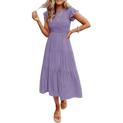 ZCSIA Women's 2023 Summer Casual Ruffle Short Sleeve Crewneck Smocked Tiered A Line Midi Dress