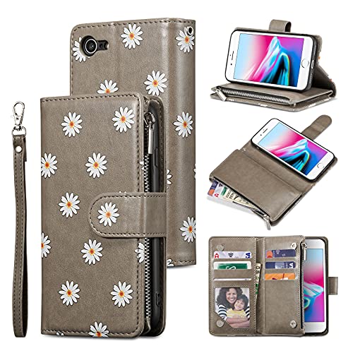 UEEBAI Wallet Case for iPhone SE 2022 5G/iPhone 7/iPhone 8/iPhone SE 2020, Premium PU Leather Pocket Magnetic Handbag Zipper Cover Kickstand Card Slots Flip Case for iPhone SE3/SE2 - Daisy Grey