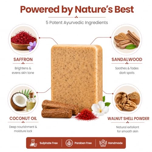 Image of The Wellness Shop Sandalwood Saffron Detan Soap | Dark Spot, Tan Removal Skin Brightening, Exfoliating Soap | Chandan Kesar Handmade Bathing Bar | Paraben Free | Face Body Soap for Men Women| Pack of 1
