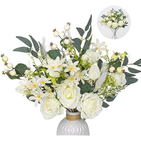 LLZLL Artificial Flowers Bouquet 9 Kinds Silk Flower Arrangements with Rose and Berries 6 pcs Faux Floral Stems for Home Kitchen Party Decor (White) Cover