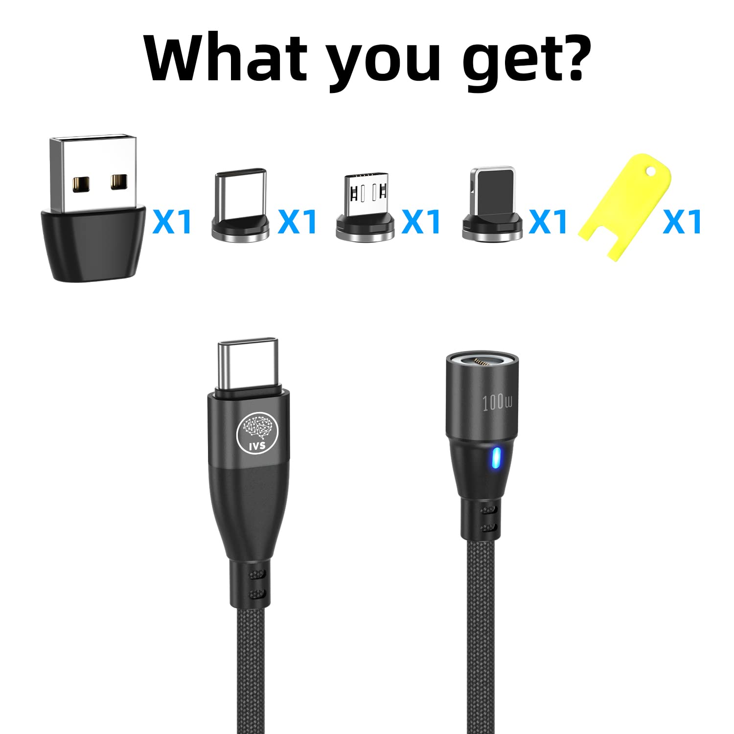 Cable USB Magnetico Carga Rapida Tipo C 5A/100W - Usb C a Usb C - 27W PD iProducts - 18W QC Micro Usb- Portatiles Tablet Movil... (6 Combinaciones) Cable Magnetico Tipo C, Cargador iman (Negro)