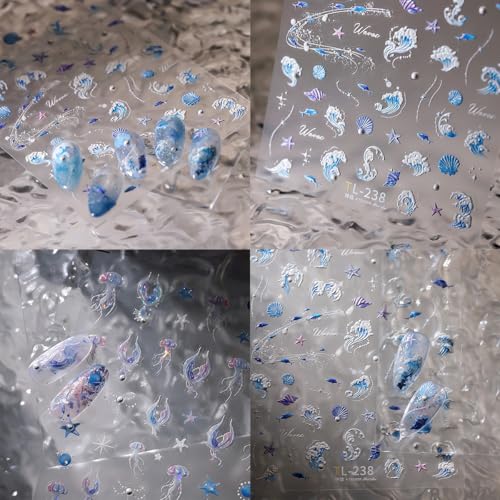 Dajijiyou DAJIJIYOU428 5D Embossed Shell Nail Stickers Self Adhesive Starfish Nail Art Stickers Ocean Waves Conch And Pearl Nail Decals Ocean Theme Nail Designs Stickers thumb #5