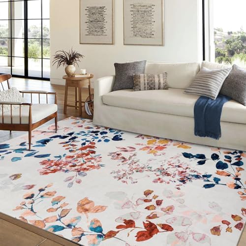 Phyllis Modern Area Rug, 3'6''×5'6'' Washable Accent Floral Rug, Non-Slip Flower Leaf Carpet, Non-Shedding Colorful Rug with Low Pile for Living Room, Bedroom, Dining, Office, Multicolor