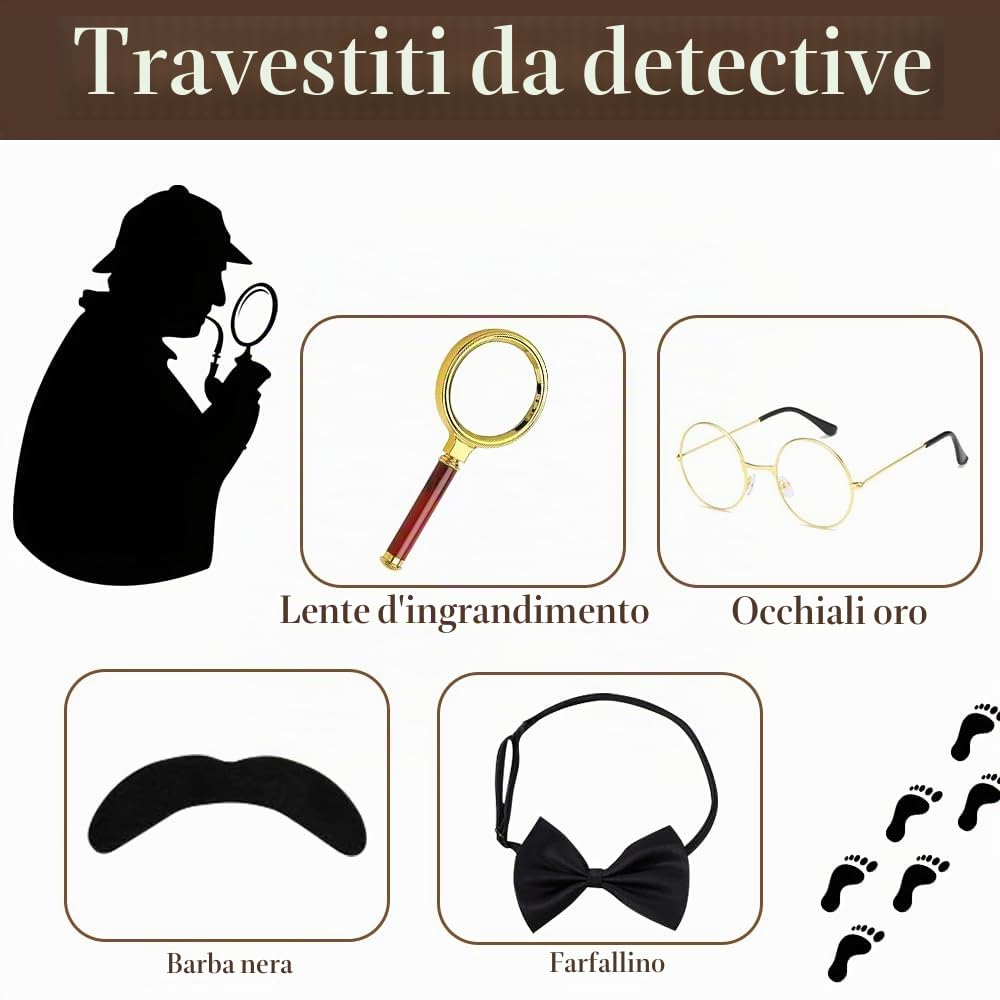 Set di accessori per costume da detective, 7 pezzi, accessori per costume Sherlock Holmes, kit per vestito fantasia, detective cosplay, accessori di scena per carnevale, feste in maschera