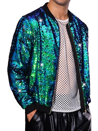 Image of Lars Amadeus Sequin Varsity Jacket for Men's Zipper Party Disco Flip-Sequin Shiny Bomber Jackets