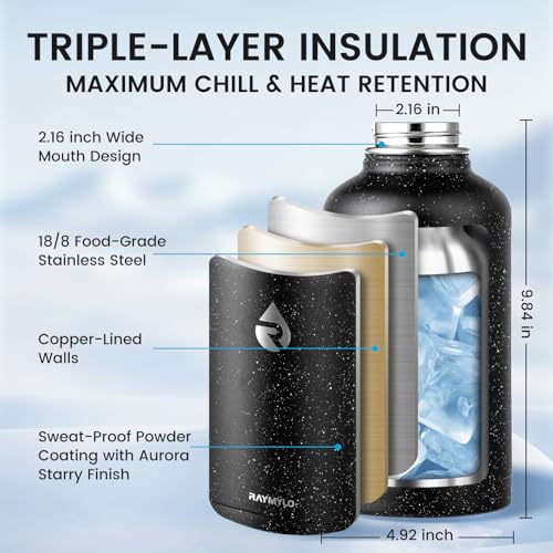 Image of RAYMYLO Insulated Water Bottle 64 oz, Triple Wall Vacuum Stainless Steel (Cold for 48 Hrs), Leak Proof & Non-BPA, Half Gallon Water Flask Jug with Paracord Handle & Straw Spout Lids