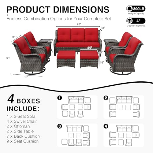 Image of Joyside 9 Piece Wicker Patio Furniture Set, Outdoor Swivel Rocker Patio Chairs with High Back, Deep Seating, Wide Armrest, Thickened Cushions, Outdoor Furniture for Deck, Porch Use