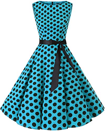 bbonlinedress Women's Sleeveless Vintage 1950s Rockabilly Cotton Floral Cocktail Evening Swing Party Dress Blue Black BDot L