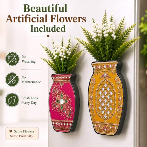 Image of Regalo Casila Magnetic Artificial Flower Vase Fridge Magnets Set of 2 Kundan Floral Mirror Work Indian Ethnic Art Refrigerator Kitchen Home Office Decor Housewarming Gift