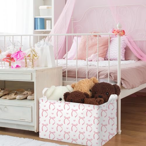 Image of Chunful 4 Pcs Coqutte Pink Bow Storage Baskets Cute Preppy Pink Hamper Storage Bins Foldable Laundry Baskets with Handle Collapsible Organizer for Home Bathroom, Offices, Bedrooms