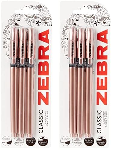 Z Grip Black Ballpoint With Triangular Barrel, Rose Gold, Medium Point, Black Ink, Reliable Biro for Everyday Use - 3 Pack of 2