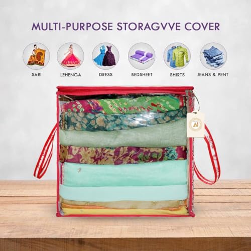 Image of Saree Storage Bag | Premium Wardrobe Cloth Organizer Box | Large Garment Cover with Polka Dot Design | Durable Fabric, Transparent Window | Pack Of 1 AWPM11684