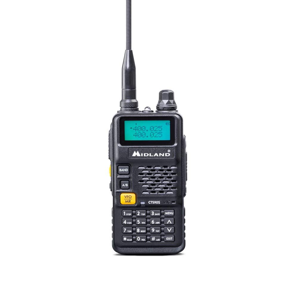 Midland - Radio CT590 S Dual Band VHF/​UHF, 128 Canales Memorizables, Squelch Digital, Autonomía 18H, Radioaficionado con 50 Tonos CTCSS, 208 Códigos DCS, Pantalla Retroiluminada, Batería y Accesorios