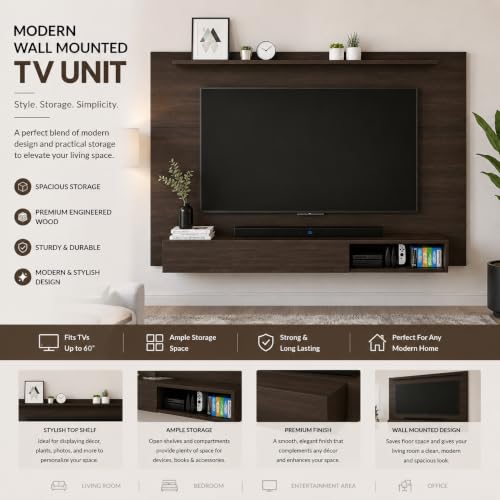 Image of FURNEASER Reyroy Wall Mounted TV Unit for Living Room | Wooden TV Panel with Floating Cabinet & Storage Shelf | Modern Entertainment Unit for Upto 60 Inch TV (Wenge)