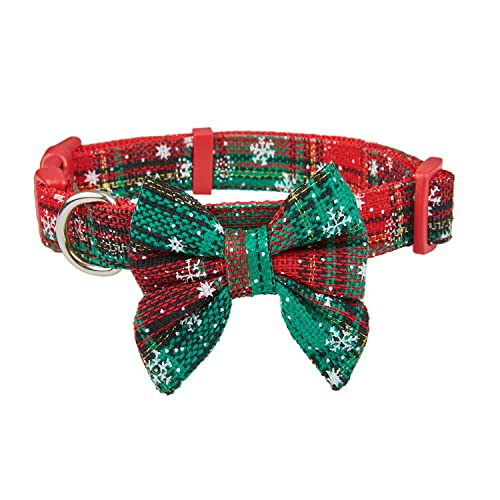 YUDOTE Christmas Dog Collar with Removeable Bow Classic Plaid Collars with Snowflake Pattern Adjustable Holiday Collars for Medium Dogs
