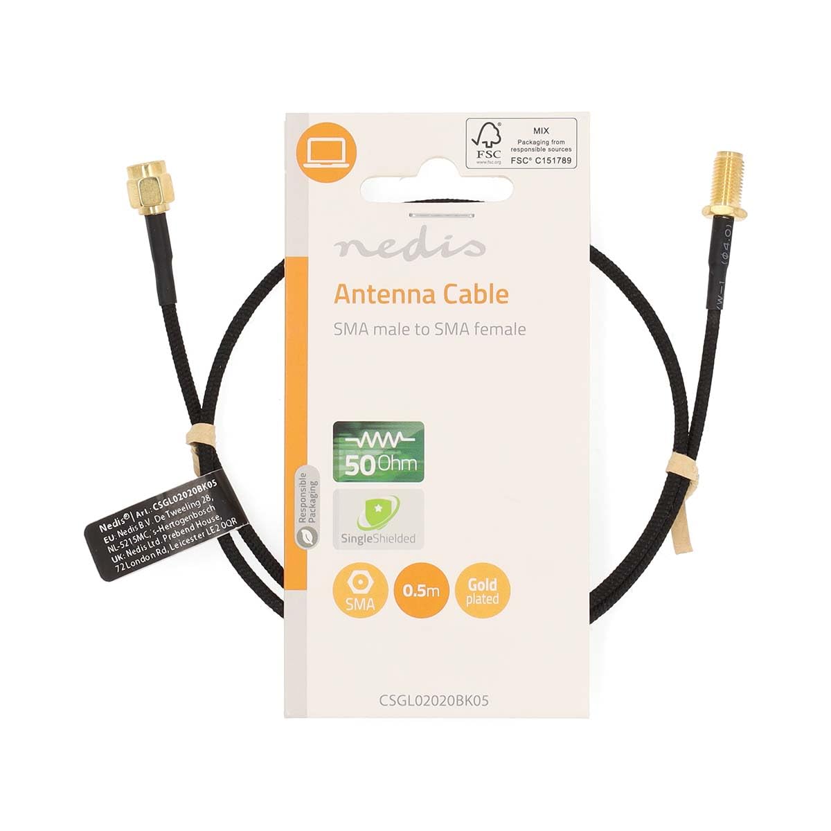 Nedis Kabel antenowy - gniazdo SMA - wtyczka SMA - pozłacany - 50 omów - pojedynczo ekranowany - 0,50 m - okrągły - pleciony - czarny - etykieta
