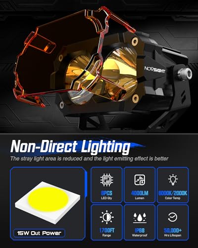 Image of NOVSIGHT Cyber Series 4.5 Inch Off Road Spot Beam LED Light Pods, Pair | Amber /White 60W 8000LM Output With Covers, LED Cube Lights Offroad Spot Lights for Truck Wrangler Jeep Pickup Ram SUV ATV