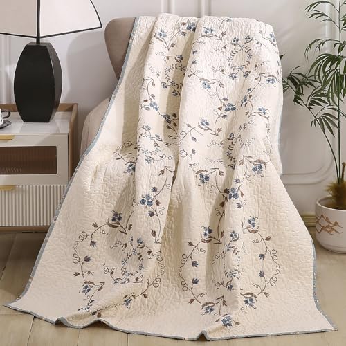 vctops 100% Cotton Quilted Throw Blanket 50x60 Inch Floral Embroidered Reversible Patchwork All Season Throw (Blue 50x60)