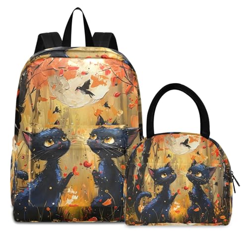 Backpack Lunch Box Set Large Capacity Travel Backpacks and Insulated Lunch Bag for Commute Hiking Picnic Black Cat Forest Print