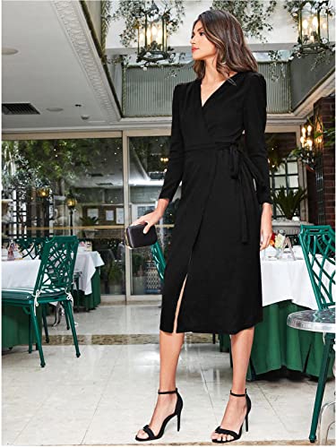 Image of rosery paris Dress for Women Belted Wrap Dress with Puff Sleeves Surplice Neck High Waist & Flared Hem Midi Dress for Women | Dresses for Women Long Dresses for Women