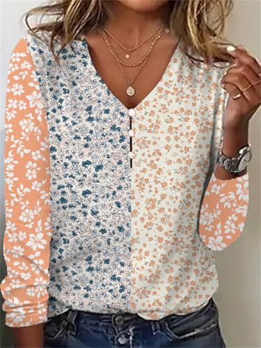 Women's Long Sleeve Boho Tops Dressy Casual V Neck Button Blouse Loose Fit Spring Fashion Summer Shirts2