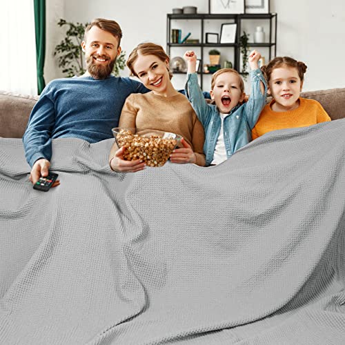 Image of PHF Pre-Washed Cotton Waffle Weave Family Blanket,Oversized King Size 120 inchx 120 inch-Snag Proof Lightweight Breathable, 10'x 10' Huge Extra Large Big-Elegant Aesthetic Home Decoration Gift, Light Grey | Pre-washed Natural Soft Cozy Lightweight Breathable, Textured Decorative Layer for Bed Guest Room, Machine Washable, Giftable