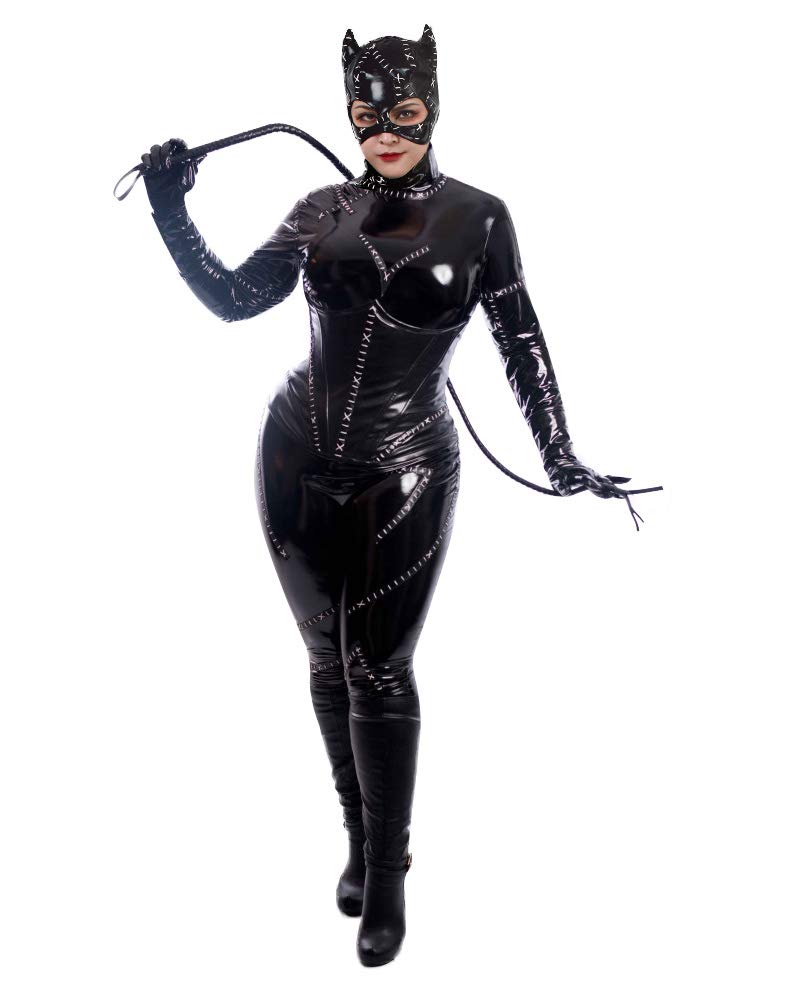miccostumes Women's Plus Size Fullbody Black Catsuit Halloween Cosplay Costume Whip Zipper Patch