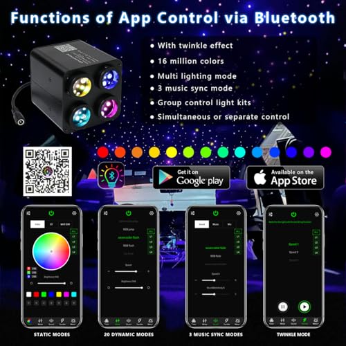 Image of AKEPO 36W 4 Color Twinkle Starlights Headliner Fiber Optic Lights Kit | 800pcs*9.8ft*0.03in Optical Fibers, 4-heads Music Sync Remote /APP Control Starlight Kit for Car Headliner /Home Star Ceiling