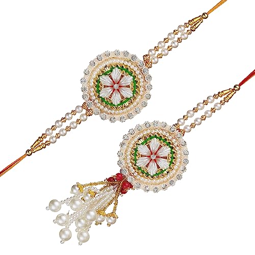 Image of eCraftIndia Diamonds, Pearls Floral Designer Bhaiya Bhabhi Rakhi Set with Roli Chawal Pack - for Brother, Bhaiya, Bhai - Lumba Rakhi for Bhabhi