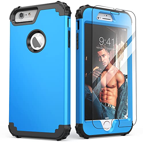 IDweel for iPhone 6S Case, for iPhone 6 Case with Tempered Glass Screen Protector, 3 in 1 Heavy Duty Shock Absorption Hard PC Covers Soft Silicone Full Body Protective Case for Women Girls,Sky Blue