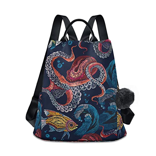Image of Fustylead Embroidered Octopus Women Fashion Backpack Purse Travel Ladies College Shoulder Bags