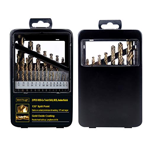 Werktough Titanium Drill Bit Set - 21-Piece M35 Co 5% High Speed Steel Hss For Steel Alloy And Other Hard Metals Fully Ground With 135°Split Point Drill Bits In Deluxe Metal Box #TOP3