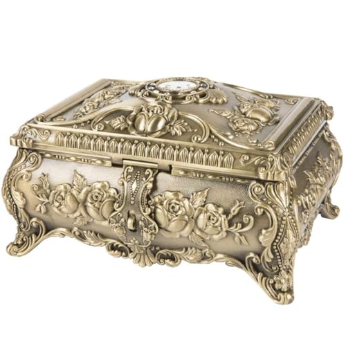 SUAIPA Joyeros de doble capa, caja de joyería vintage de aleación de zinc, caja de almacenamiento para aretes, anillos, collares, organizador de joyas dorado
