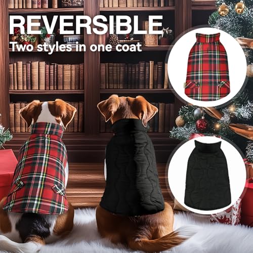VIVAGLORY Softjoy Hundemantel, Wintermantel mit Bauchschutz, Hundejacke für Winter & Weihnachten, Warm Softshell Kariert Schnittmuster Verstellbar, S, Rot