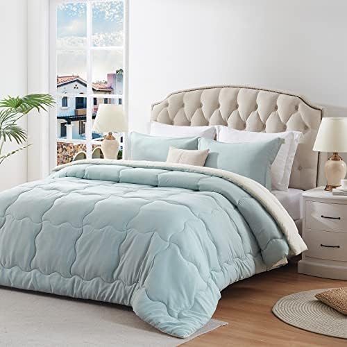 Hboemde Queen Size Lightweight Reversible Comforter Set 3-Piece Solid Color Comforter Set for All Seasons Ultra-Soft Down Alternative Duvet Insert with Pillow Shams (88x88，Sage Green/Ivory)